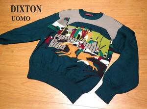 ☆おしゃれなデザインです　☆DIXTON UOMO　☆毛100％　☆競馬　☆デザインセーター　☆ニット　☆プルオーバー　☆グリーン　☆Ｍ