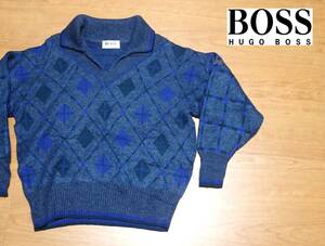 ☆HUGO BOSS　☆ヒューゴボス　☆アーガイル柄　☆オープンカラーニット　☆デザインセーター　☆ニット　☆ブルー系　　　