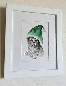 青木猿頬原画「Green hat」額装 真作 水彩画 直筆サイン入り