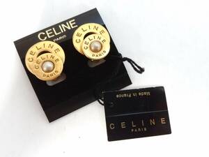 【新品】CELINE セリーヌ Ｗサークル ヴィンテージ パール付き ロゴ イヤリング/ゴールドカラー/約2.3×2cm/ノンホール/04OM011402