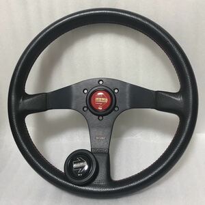 美品 旧車に 当時物 93年製 本革ステアリング MOMO MODENA モモ モデナ 34.5φ ホーンボタン付 赤金 黒銀