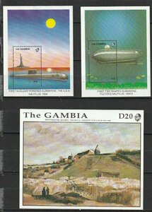 ガンビア３８　1989年～1995年（未使用記念　小型シート　潜水艇　絵画　クジラ　４セット）４種