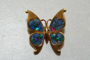 379 モザイクオパール opal 蝶々 昆虫 ヴィンテージ ブローチ アクセサリー ゴールドカラー カラーストーン ビンテージ 装飾品
