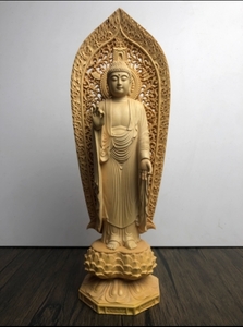 最新作 仏像　彫刻 木彫　阿弥陀仏立像　家庭用仏壇供養 高28cm