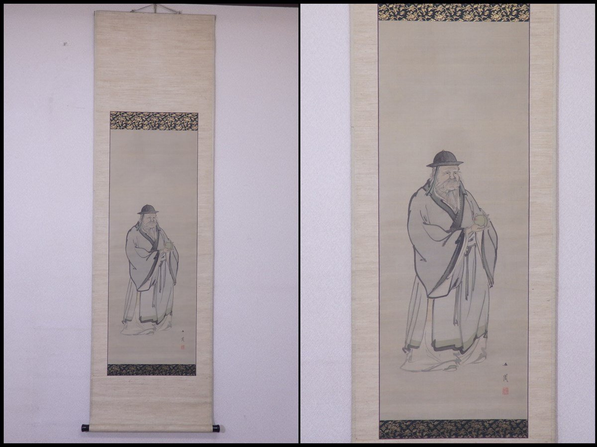 ★絹本【掛軸『桃仙人』肉筆】中国美術 幅51×全長175cm 茶道具 人物画 仏画 セール!, 美術品, 絵画, 水墨画