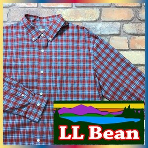 ME9-155★USA買付品★正規★美品【L.L.Bean エルエルビーン】チェック 長袖 コットン ボタンダウンシャツ【メンズ L】赤 青 アウトドア