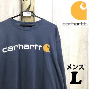 ME1-769★少し訳アリ格安!!★USA古着★青灰★【Carhartt カーハート】BIGロゴ 長袖 Tシャツ【メンズ L】ワーク 古着 アウトドア 人気