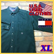 ME11-380★90’s VINTAGE★USA買付品【TOMMY HILFIGER】長袖 ボタンダウンシャツ【メンズ XL】深緑 BDシャツ 刺繍ロゴ フラッグタグ_画像2