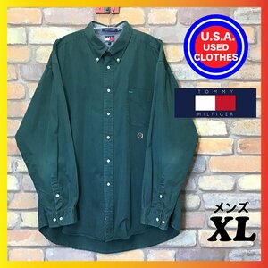 ME11-380★90’s VINTAGE★USA買付品【TOMMY HILFIGER】長袖 ボタンダウンシャツ【メンズ XL】深緑 BDシャツ 刺繍ロゴ フラッグタグ