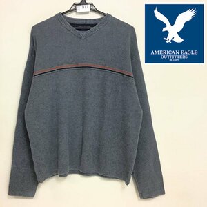 SC11-917★1円★USA買付商品★【AMERICAN EAGLE】ラミーコットン Vネックセーター【メンズ M】灰 ニット 古着 ボーダー USA古着 ニット