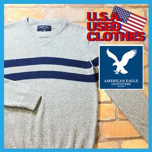 ME6-749★USA古着★状態◎・希少サイズ【AMERICAN EAGLE アメリカンイーグル】裾 刺繍ロゴ コットンセーター【メンズ XS】灰 ニット