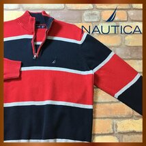 ME8-442★USA正規品&ビッグサイズ★【NAUTICA ノーティカ】ボーダー ハーフジップ セーター【メンズ XL】赤×紺 コットンニット 刺繍ロゴ_画像1