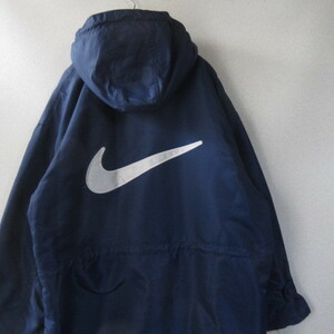 ○良品 90s NIKE ナイキ◆ベンチコート 中綿 裏ボア デカロゴ デカスウォッシュ 90年代 ファッション ヴィンテージ◆メンズ ネイビー XL