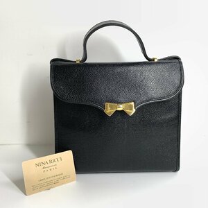 f001 C4 NINA RICCI ニナリッチ リボン レザー ハンドバッグ ゴールド金具 黒 ブラック