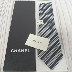 f002 H1 未使用 シャネル CHANEL メンズ ネクタイ シルク100％ ココマーク ストライプ柄 ネイビー×ホワイト系 外箱有り タグ付き