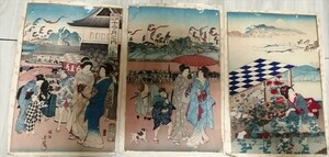 Art hand Auction Edo-Bräuche und Bräuche in den zwölf Monaten, Juli Tanabata, Sujigai Mitsuke Yatsuji, usw., 3 Blätter, großes Format, Nishikie, Holzschnitt, Ukiyo-e, Malerei, Ukiyo-e, Drucke, Gemälde berühmter Orte