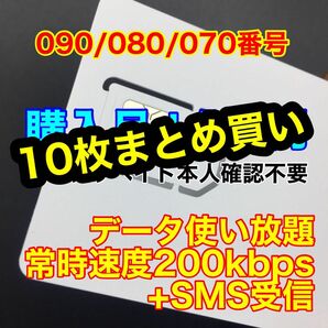 10枚セットSMS受信可能　データ通信使い放題SIMカード　プリペイドSIM