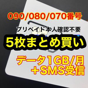 5枚セット　データ通信1GB/月　SMS受信可能SIMカード　プリペイドSIM