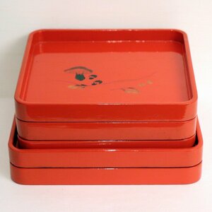 漆器・赤・角盆・5枚セット・No.200706-09・梱包サイズ80