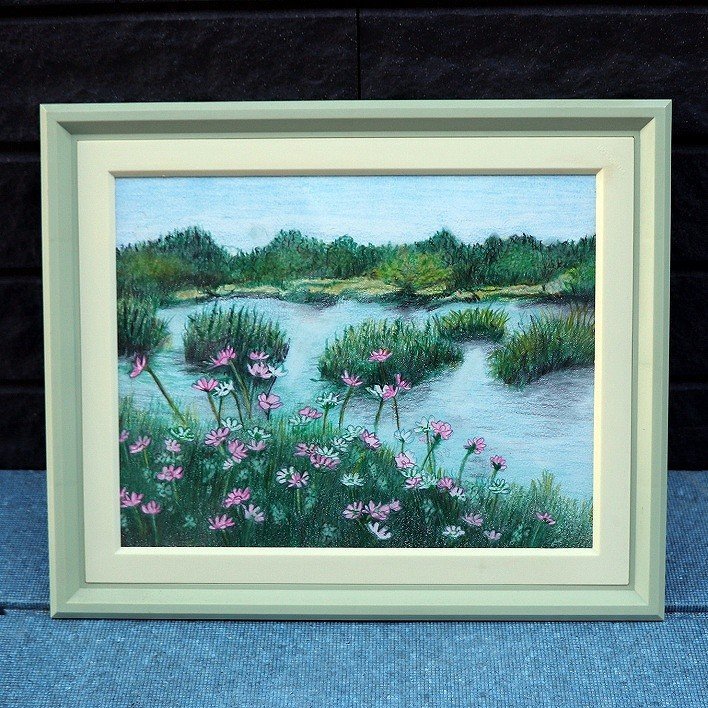 Рисунок цветным карандашом, в рамке, Полевые цветы у воды, №200708-112, размер упаковки 60, произведение искусства, рисование, карандашный рисунок, рисунок углем