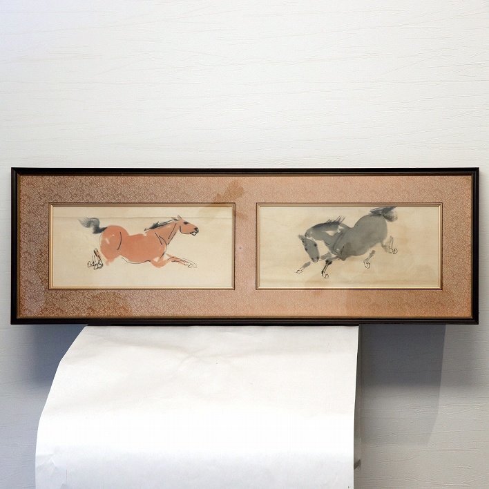Künstler unbekannt, Aquarell, zwei Pferde, gerahmt, Nr. 190202-02, Packungsgröße 160, Malerei, Aquarell, Tierbilder