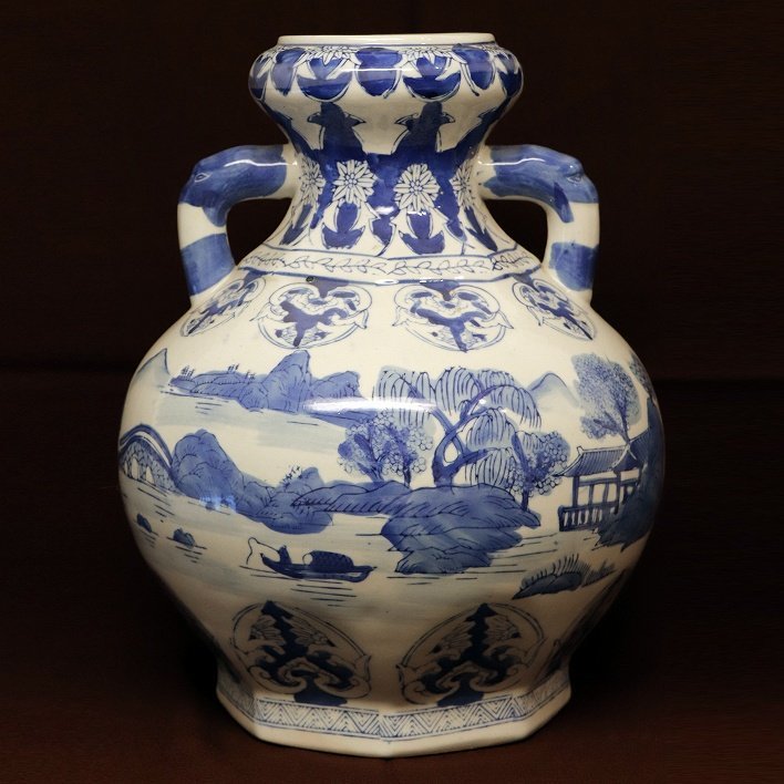 손으로 그린, 물들인, 꽃병, 꽃병, 제 181104-36호, 포장 크기 100, 일본 도자기, 도자기 전반, 파란색과 흰색 도자기
