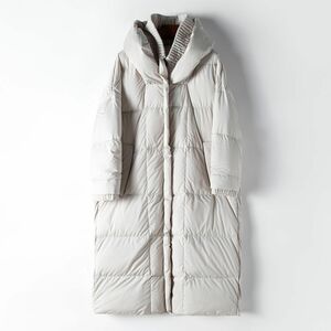 美品素敵レディース暖か90％ダウンジャケットフードコートロング丈上品新品オフホワイト