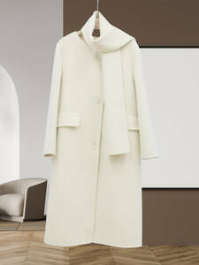 美品素敵レディース暖か100％ウールコートスカーフ付きアウター上品新品オフホワイトーM