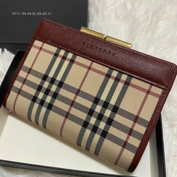 【未使用保管品】BURBERRY バーバリー 二つ折り財布 ノバチェック ボルドー ワインレッド がま口