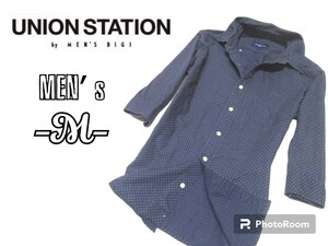 メンズM◇UNION STATION◇6分袖ドット柄ボタンダウンシャツ navy