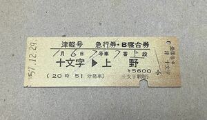 KT8 津軽号 急行券 B寝台券 十文字→上野 十文字発行 硬券切符 