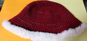 中古　美品　ニット帽　帽子　シンプル　バケットハット　深紅色　紫　うすピンク　ファー付　手編み　ハンドメイド　ウール混　60cm前後