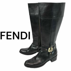 F46 FENDI フェンデイ レザー ロングブーツ ジョッキーブーツ ブラック 黒 ローヒール ロゴプレート 38.5 イタリア製 レディース 正規品