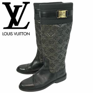 f50 LOUIS VUITTON ルイヴィトン モノグラム レザー ロングブーツ ドッキングレザー ブラック ブラウン 36.5 イタリア製 正規品