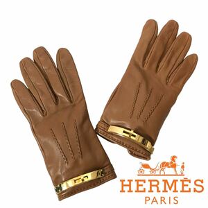 f60 良品 HERMES エルメス ケリー レザーグローブ 本革 手袋 キャメル ゴールド金具 サイズ6.5 フランス製 ヴィンテージ 正規品 レディース