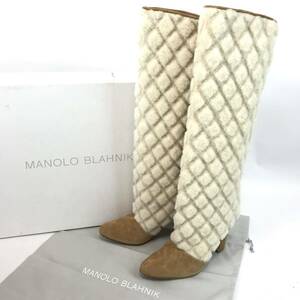 f77 レア MANOLO BLAHNIK マノロブラニク ムートン レザー ロングブーツ ダイヤ柄 ベージュ アイボリー 36.5 イタリア製 正規品 箱付き