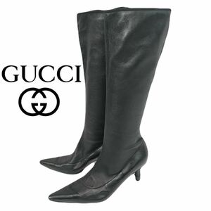 f109 GUCCI グッチ レザー ストレッチ ロングブーツ バンブー ヒールデザイン ブラック 黒 38.5C イタリア製 正規品 レディース