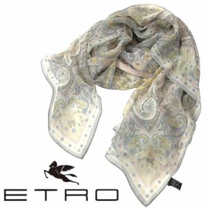 f196 ETRO エトロ シルク ペイズリー柄 ロング ストール ショール silk 100% イタリア製 ライトグレー 絹 良品 正規品