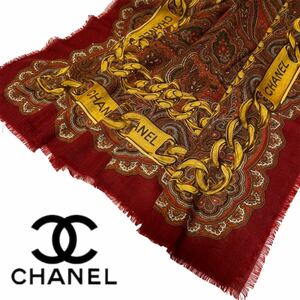 f253 良品 CHANEL シャネル ロゴ 大判 ストール シルク52% カシミヤ48% ペイズリー柄 ショール スカーフ ヴィンテージ 正規品 