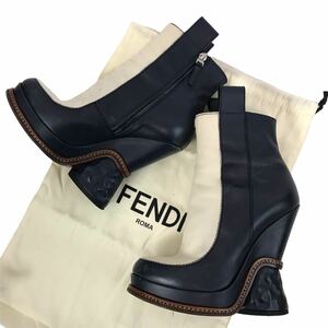 f275 レア FENDI フェンディ レザー ショートブーツ ハラコレザー ネイビー ホワイト ウェッジソール 37 イタリア製 正規品 レディース