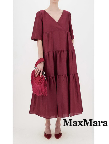 新品61%OFF　マックスマーラ　Max Mara　ティアードロングワンピース　ボルドー　36サイズ　【送料無料】