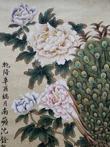 古びた蔵 中国書画 清代画家『沈銓 花卉孔雀図 肉筆紙本』真作 掛け軸 書画立軸 巻き物 古美術_画像5