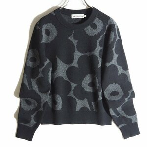 M6703z7　▼marimekko マリメッコ▼　ウール 花柄 プルオーバーニット ブラックグレー XS / 黒 ウニッコ ウールニット 92050 秋冬