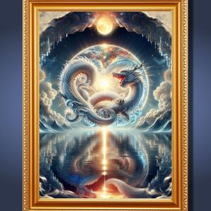 『月下で舞う銀龍』額縁付きグラフィック・スピリチュアルアート