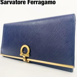 SalvatoreFerragamo サルヴァトーレ フェラガモ 長財布 ガンチーニ ゴールド金具 ネイビー レザー フラップ