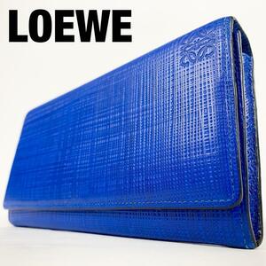 美品☆LOEWE ロエベ 長財布 リネン アナグラムロゴ ブルー レザー 型押し フラップ