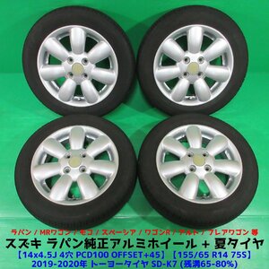 スズキ ラパン純正 155/65R14 夏タイヤ 65%-80%山 トーヨー SD-K7 4本 4穴PCD100 4.5J +45 スペーシア ワゴンR MRワゴン モコ 中古新潟