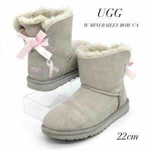 ♪極美品☆限定品♪ アグ ムートンブーツ 22cm ライトグレー ピンクリボン UGG ミニベイリーボウ ピンク US5