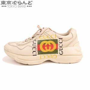 101706458 グッチ GUCCI ロゴ レザー スニーカー 500878 ベージュ レザー 靴 7-1/2 メンズ