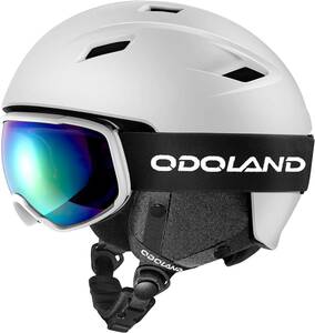 【アウトレット】Odoland スキーヘルメットセット XS(50-53cm) ホワイト ゴーグル付き スノーボードヘルメット ダイヤル式サイズ調整 